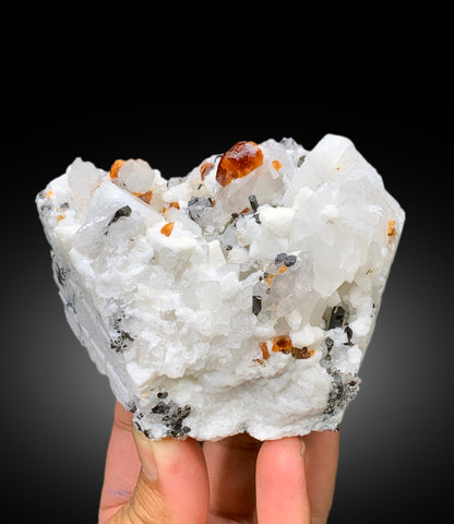 Orange Color Spessartite Garnet Crystals with Quartz, Schorl and Feldspar, Garnet Specimen, Garnet from Skardu Pakistan - 527 gram