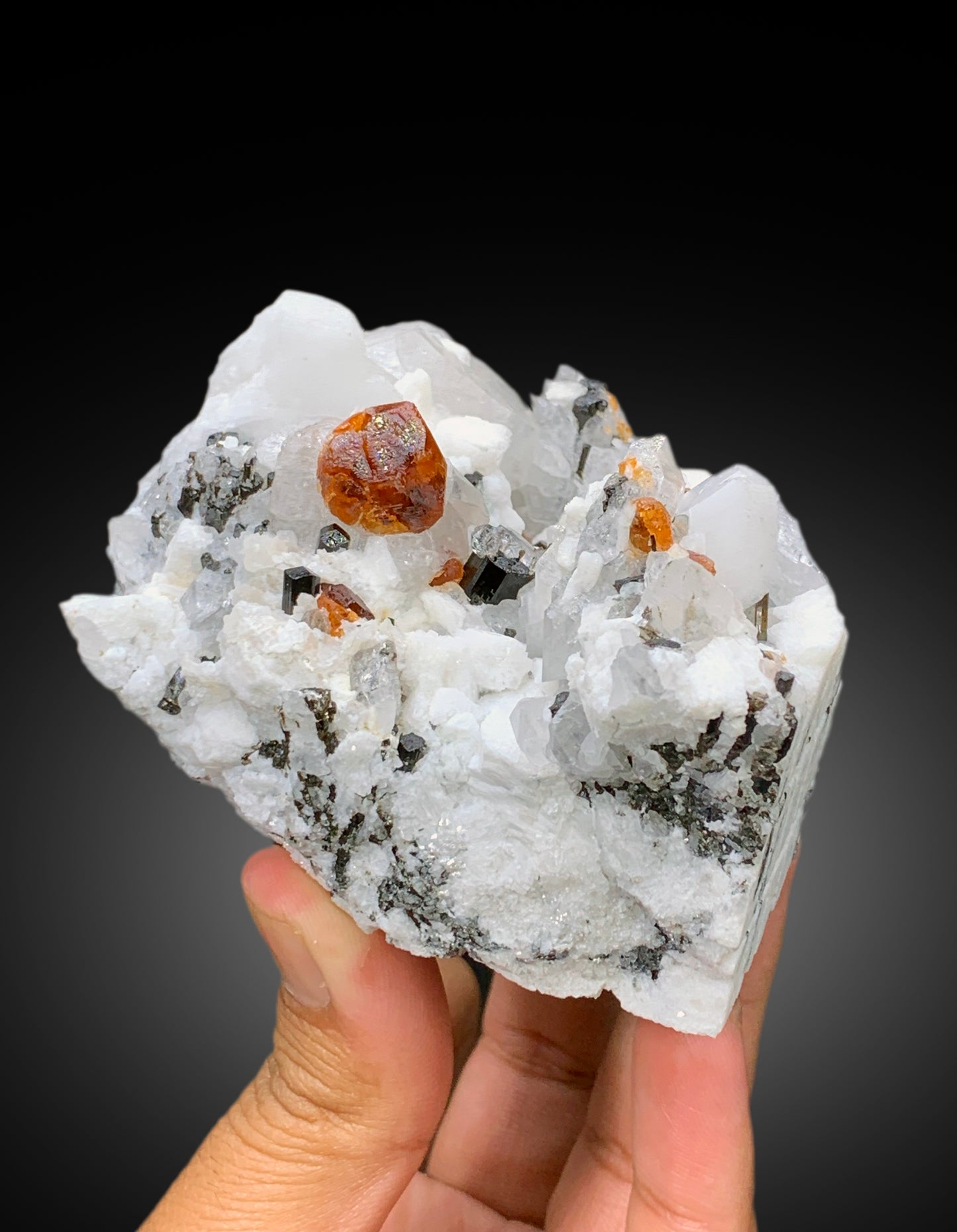 Orange Color Spessartite Garnet Crystals with Quartz, Schorl and Feldspar, Garnet Specimen, Garnet from Skardu Pakistan - 527 gram