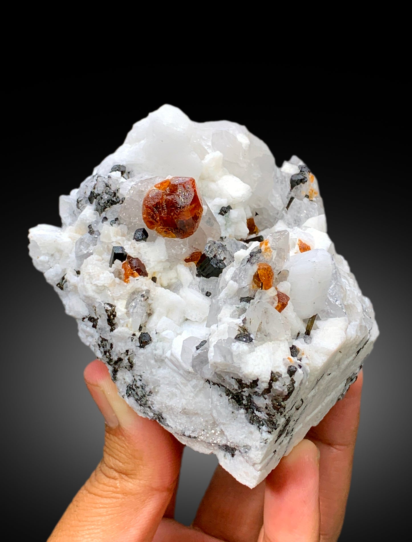 Orange Color Spessartite Garnet Crystals with Quartz, Schorl and Feldspar, Garnet Specimen, Garnet from Skardu Pakistan - 527 gram