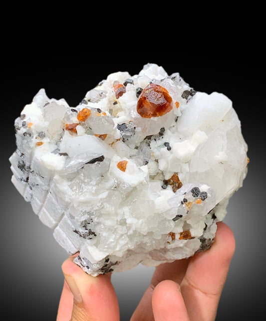 Orange Color Spessartite Garnet Crystals with Quartz, Schorl and Feldspar, Garnet Specimen, Garnet from Skardu Pakistan - 527 gram