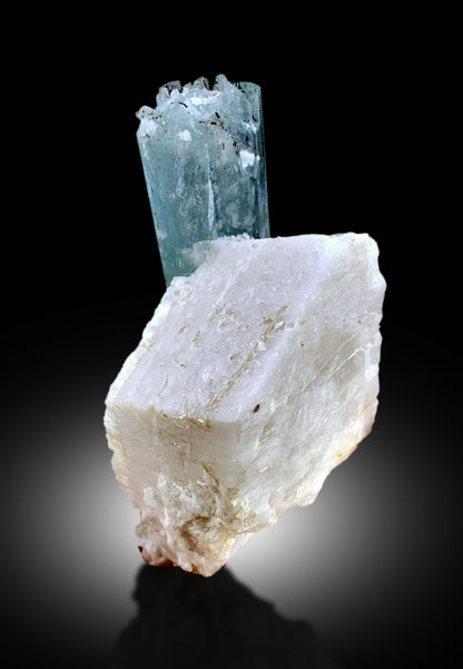 Natural Sky Blue Color Aquamarine Crystal on Feldspar, Aquamarine Specimen from Shigar valley Skardu Pakistan - 298 gram
