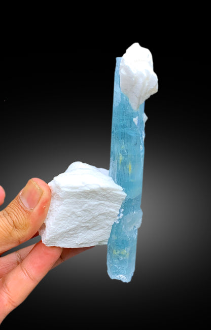 Natural Sky Blue Aquamarine Crystal with Schorl Black Tourmaline and Feldspar, Aquamarine Specimen, Aquamarine from Shigar Pakistan - 249 g