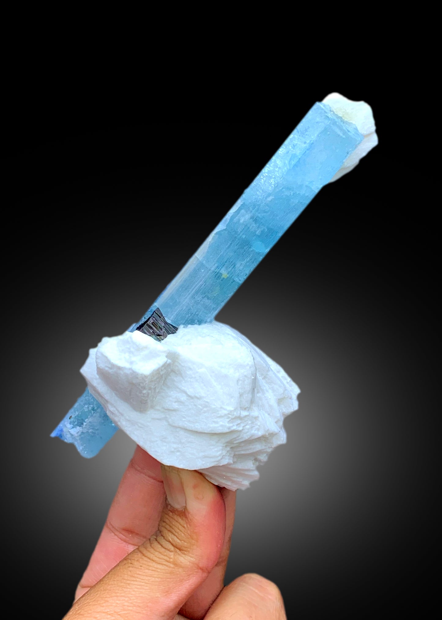 Natural Sky Blue Aquamarine Crystal with Schorl Black Tourmaline and Feldspar, Aquamarine Specimen, Aquamarine from Shigar Pakistan - 249 g