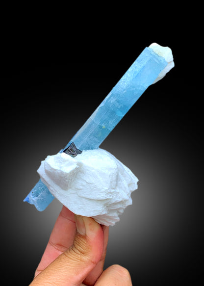Natural Sky Blue Aquamarine Crystal with Schorl Black Tourmaline and Feldspar, Aquamarine Specimen, Aquamarine from Shigar Pakistan - 249 g