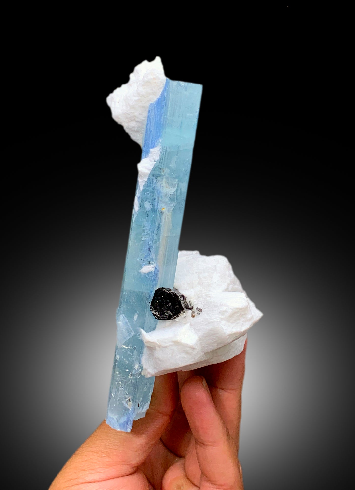 Natural Sky Blue Aquamarine Crystal with Schorl Black Tourmaline and Feldspar, Aquamarine Specimen, Aquamarine from Shigar Pakistan - 249 g