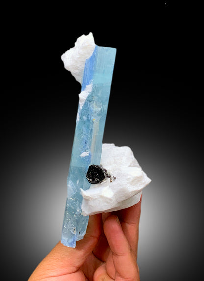 Natural Sky Blue Aquamarine Crystal with Schorl Black Tourmaline and Feldspar, Aquamarine Specimen, Aquamarine from Shigar Pakistan - 249 g