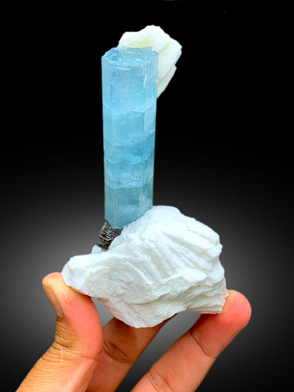 Natural Sky Blue Aquamarine Crystal with Schorl Black Tourmaline and Feldspar, Aquamarine Specimen, Aquamarine from Shigar Pakistan - 249 g