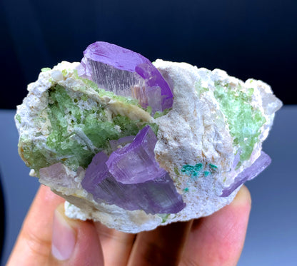 Pink Kunzite with Green Tourmalines on Albite from Afghanistan - 136 gram