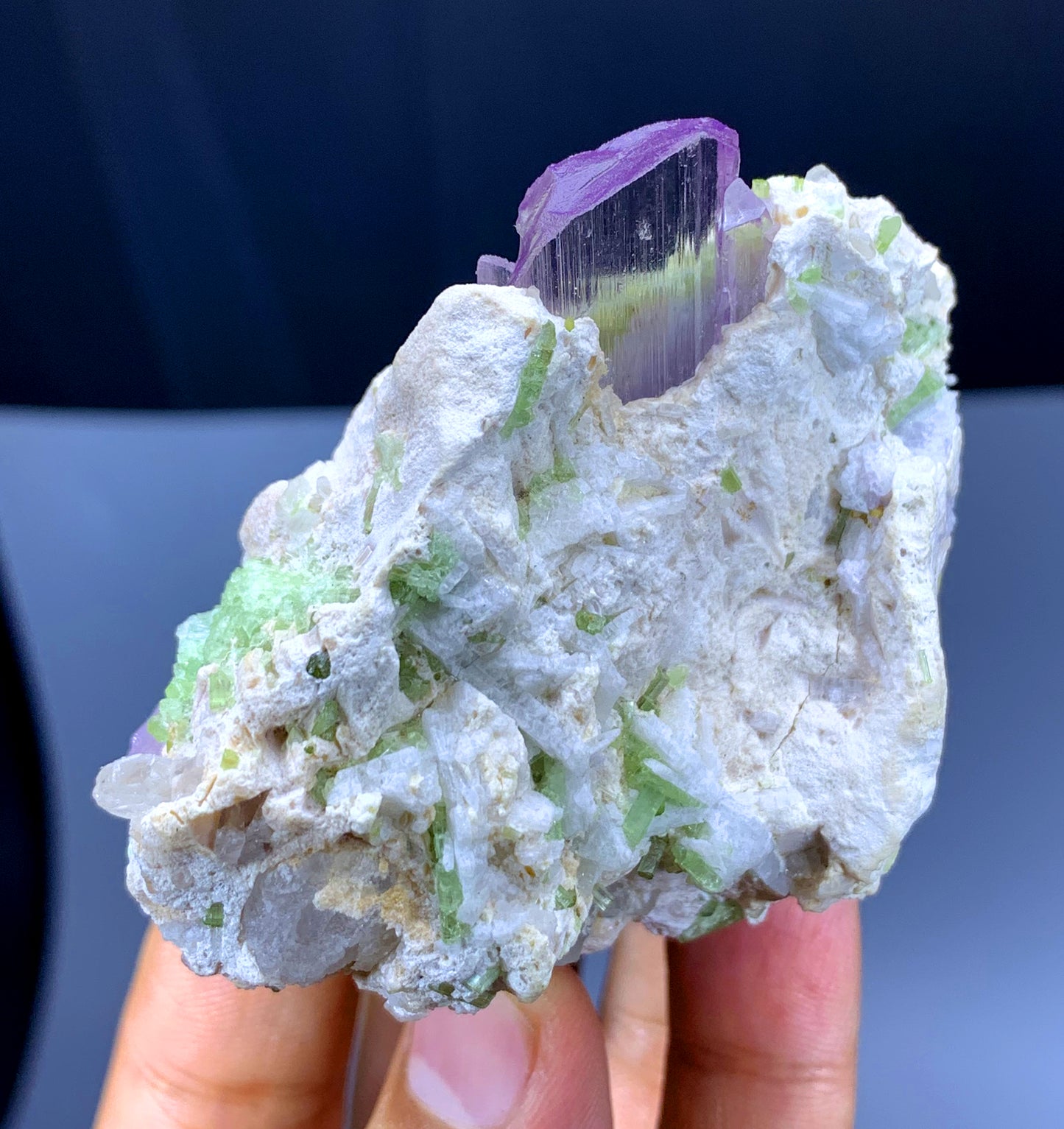Pink Kunzite with Green Tourmalines on Albite from Afghanistan - 136 gram