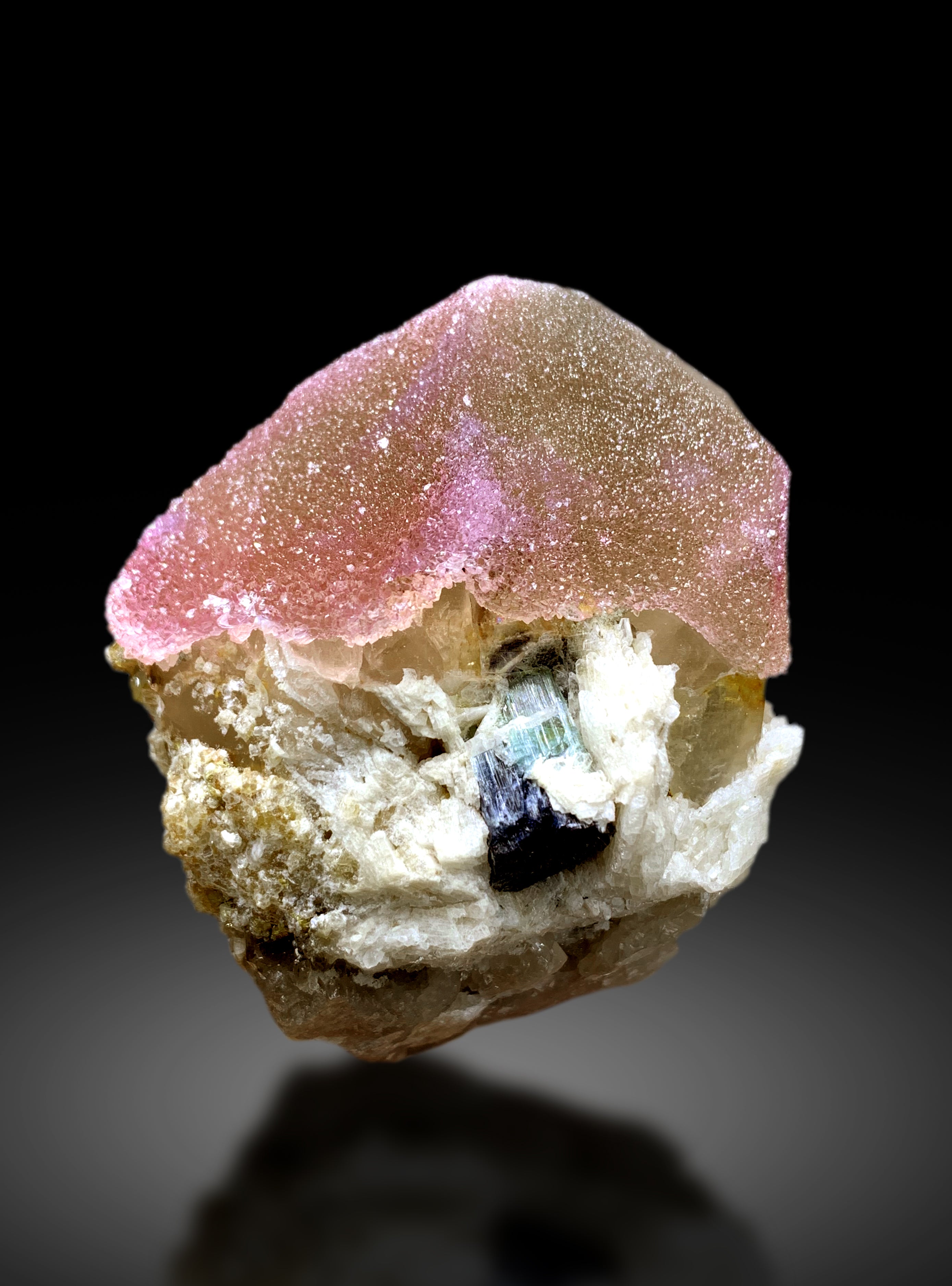 Crystallized Rose Quartz with Indicolite Tourmaline and Microlite on Smoky Quartz from Afghanistan - 303g