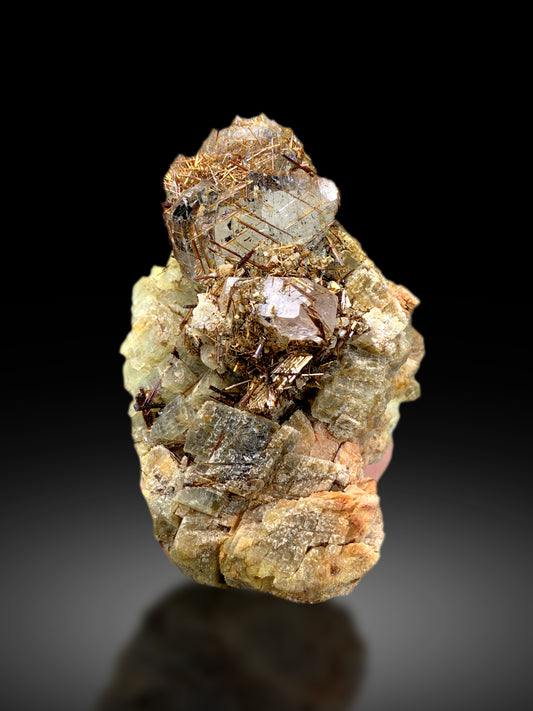 Golden Rutile on Pink Apatite, Quartz & Siderite Specimen from Pakistan - 302 grams