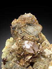 Golden Rutile on Pink Apatite, Quartz & Siderite Specimen from Pakistan - 302 grams