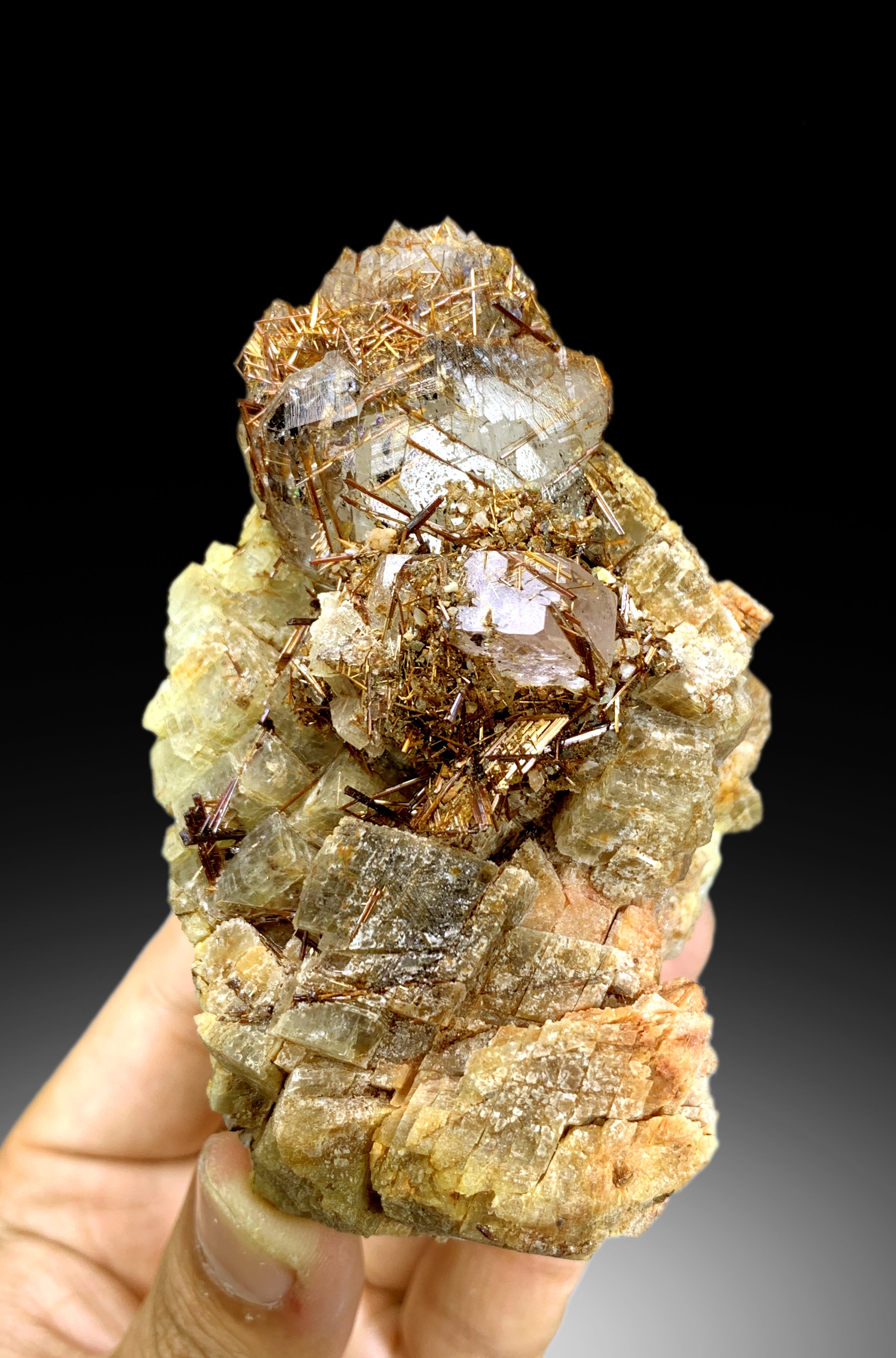 Golden Rutile on Pink Apatite, Quartz & Siderite Specimen from Pakistan - 302 grams