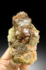 Golden Rutile on Pink Apatite, Quartz & Siderite Specimen from Pakistan - 302 grams