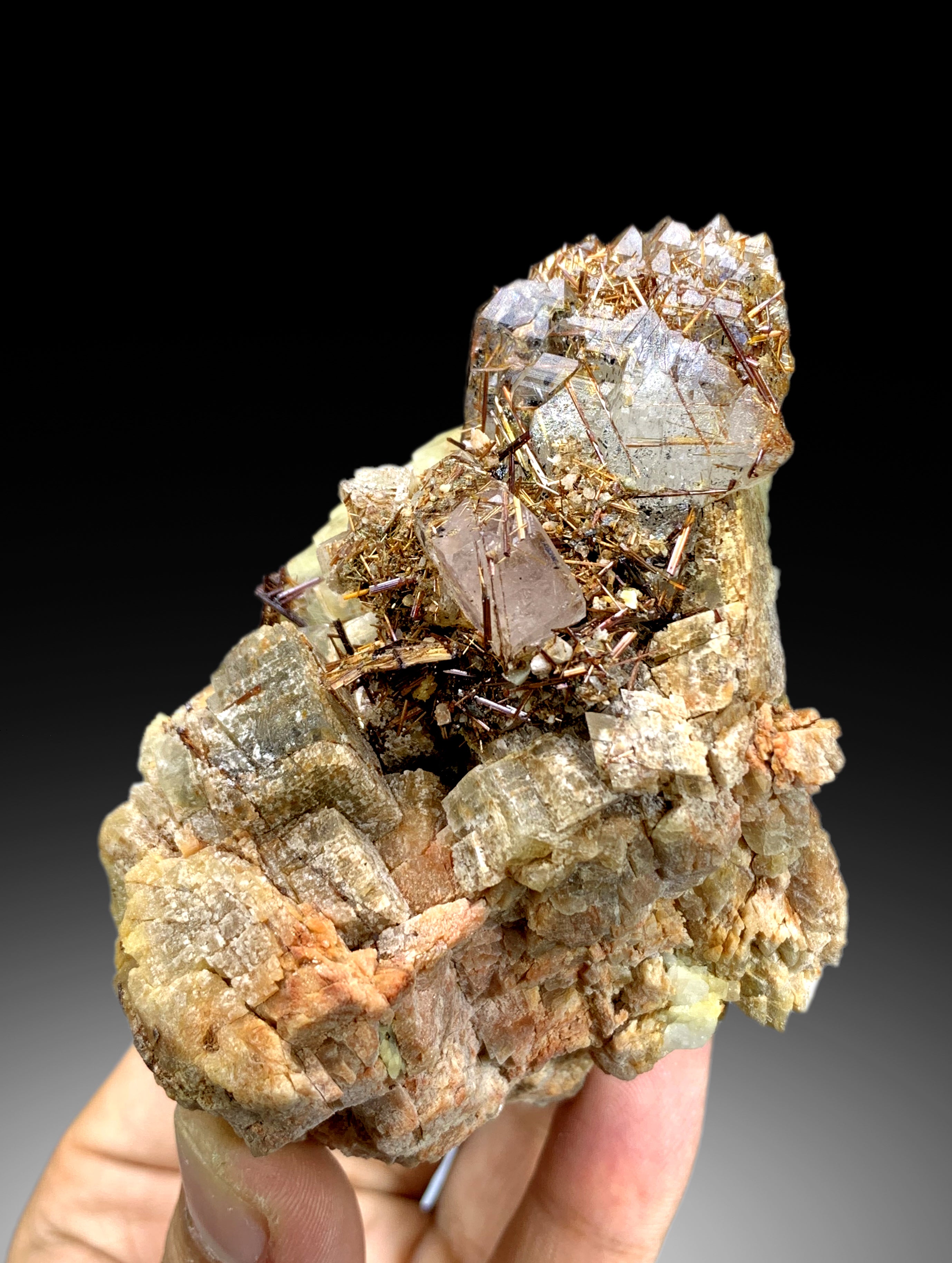 Golden Rutile on Pink Apatite, Quartz & Siderite Specimen from Pakistan - 302 grams