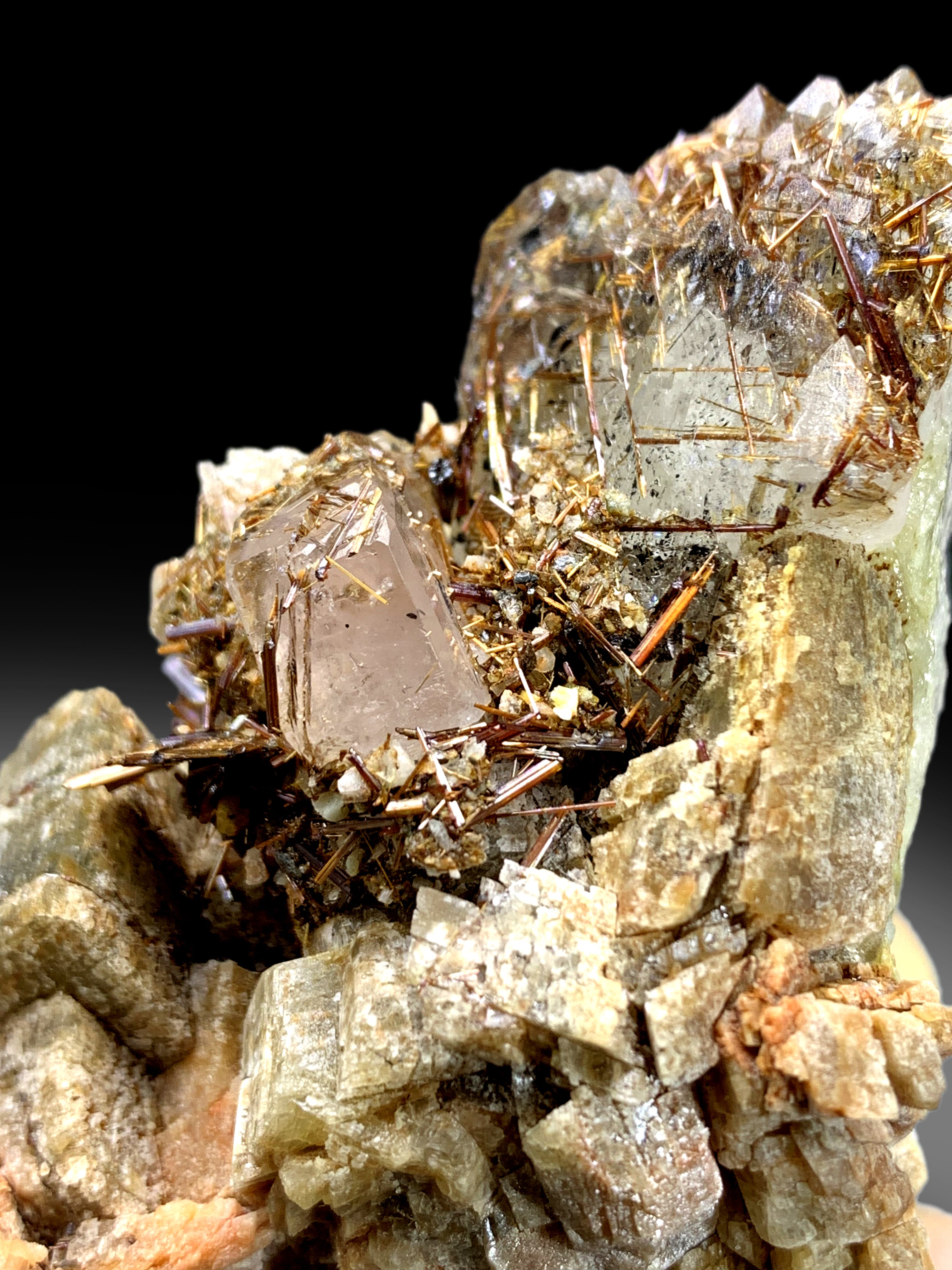 Golden Rutile on Pink Apatite, Quartz & Siderite Specimen from Pakistan - 302 grams