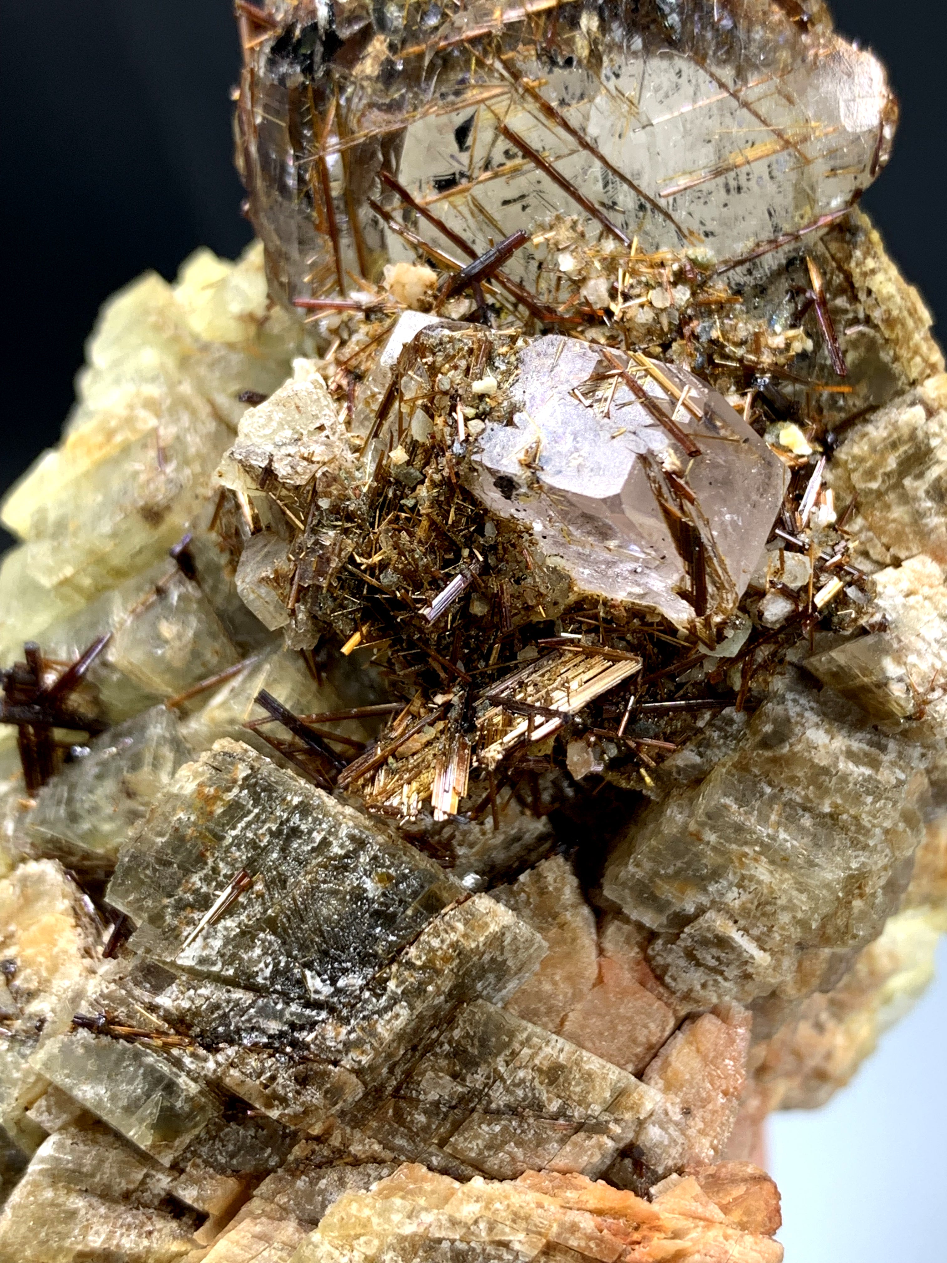 Golden Rutile on Pink Apatite, Quartz & Siderite Specimen from Pakistan - 302 grams