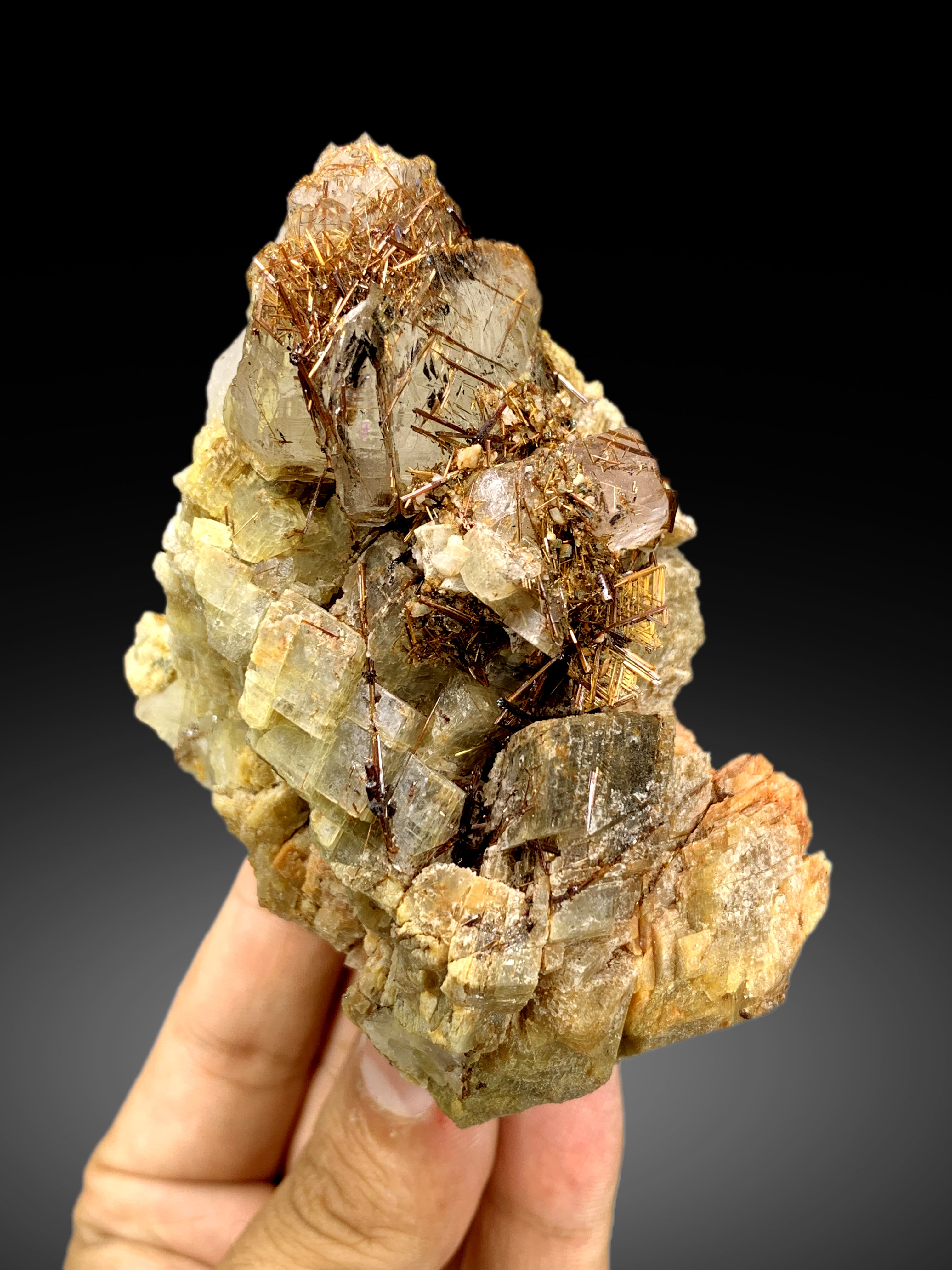 Golden Rutile on Pink Apatite, Quartz & Siderite Specimen from Pakistan - 302 grams