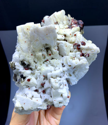 Red Spessartine Garnet with Aquamarines on Feldspar from Pakistan - 998 gram