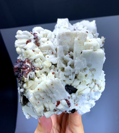 Red Spessartine Garnet with Aquamarines on Feldspar from Pakistan - 998 gram