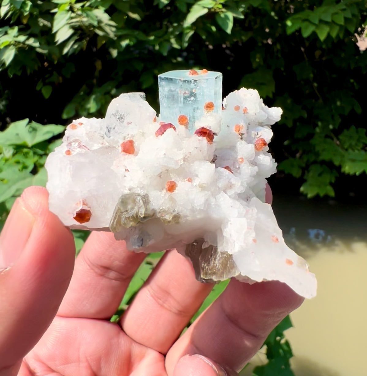 Blue Aquamarine with Spessartine Garnet, Quartz and Albite from Shigar valley Pakistan - 103 grams