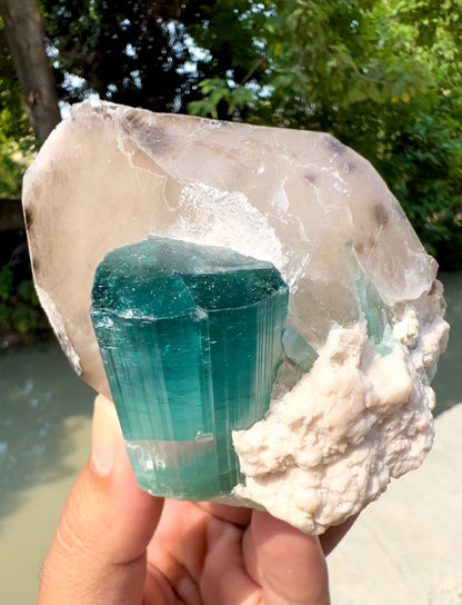 Indicolite Blue Tourmaline with Pink Apaite on Quartz from Kunar, valley Afghanistan - 364 gram