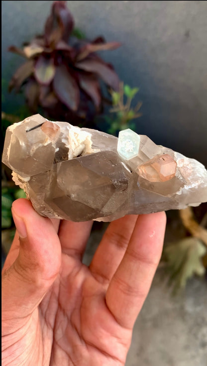 Aquamarine With Topaz Crystals on Smokey Quartz From Pakistan - 186 Grams