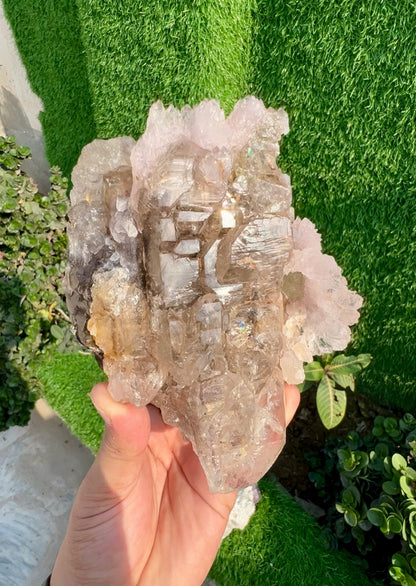 Pink Rose Quartz Strip on Lustrous Elestial Smoky Quartz from Paprok Afghanistan - 927 grams