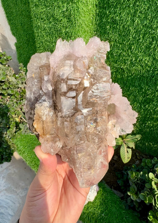 Pink Rose Quartz Strip on Lustrous Elestial Smoky Quartz from Paprok Afghanistan - 927 grams
