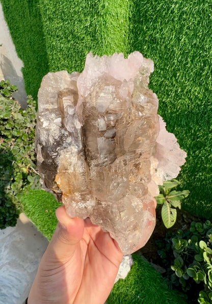 Pink Rose Quartz Strip on Lustrous Elestial Smoky Quartz from Paprok Afghanistan - 927 grams