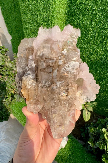 Pink Rose Quartz Strip on Lustrous Elestial Smoky Quartz from Paprok Afghanistan - 927 grams