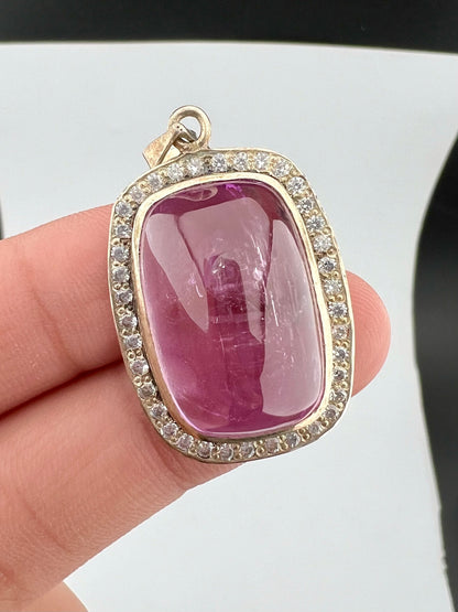 Natural Pink Kunzite Cabochon Pendant with White Zircon Halo – 12g
