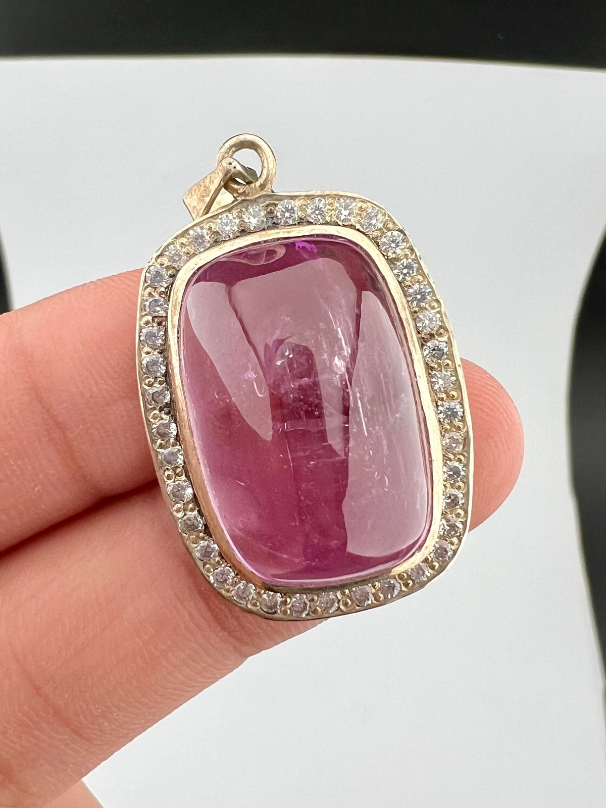 Natural Pink Kunzite Cabochon Pendant with White Zircon Halo – 12g