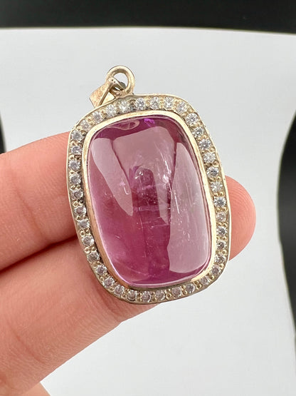 Natural Pink Kunzite Cabochon Pendant with White Zircon Halo – 12g