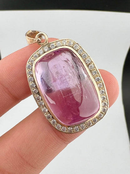 Natural Pink Kunzite Cabochon Pendant with White Zircon Halo – 12g