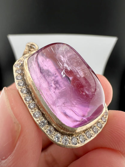 Natural Pink Kunzite Cabochon Pendant with White Zircon Halo – 12g