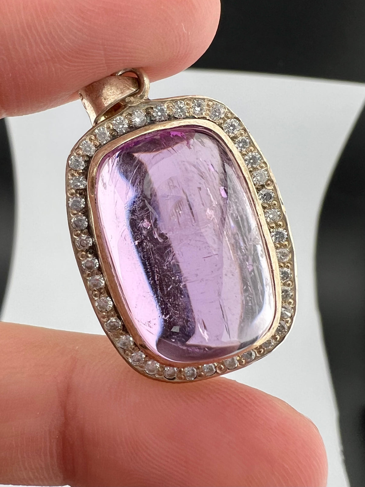 Natural Pink Kunzite Cabochon Pendant with White Zircon Halo – 12g
