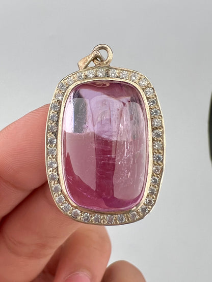 Natural Pink Kunzite Cabochon Pendant with White Zircon Halo – 12g