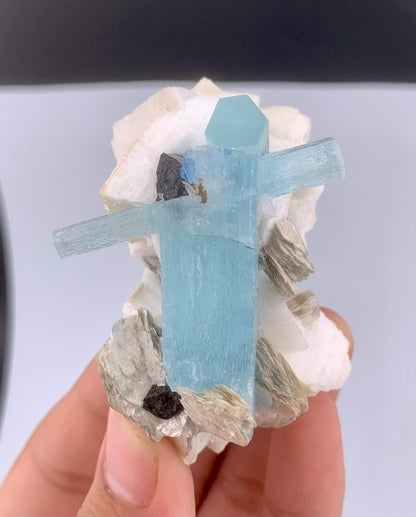 Blue Aquamarine Crystal With Schorl And Mica on Feldspar From Pakistan - 106 Grams