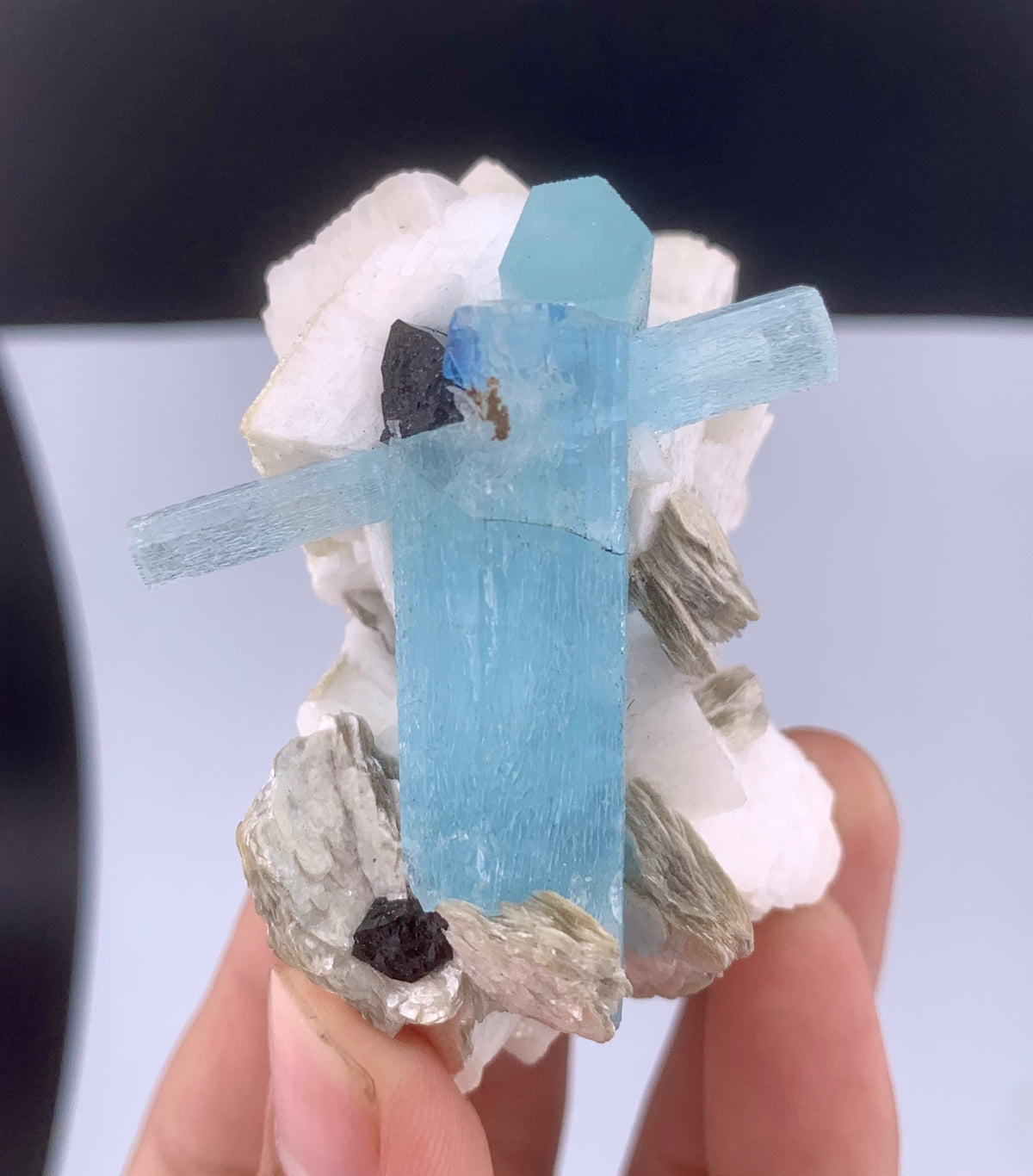 Blue Aquamarine Crystal With Schorl And Mica on Feldspar From Pakistan - 106 Grams