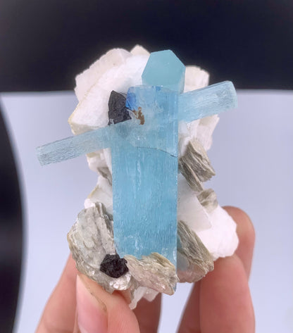 Blue Aquamarine Crystal With Schorl And Mica on Feldspar From Pakistan - 106 Grams