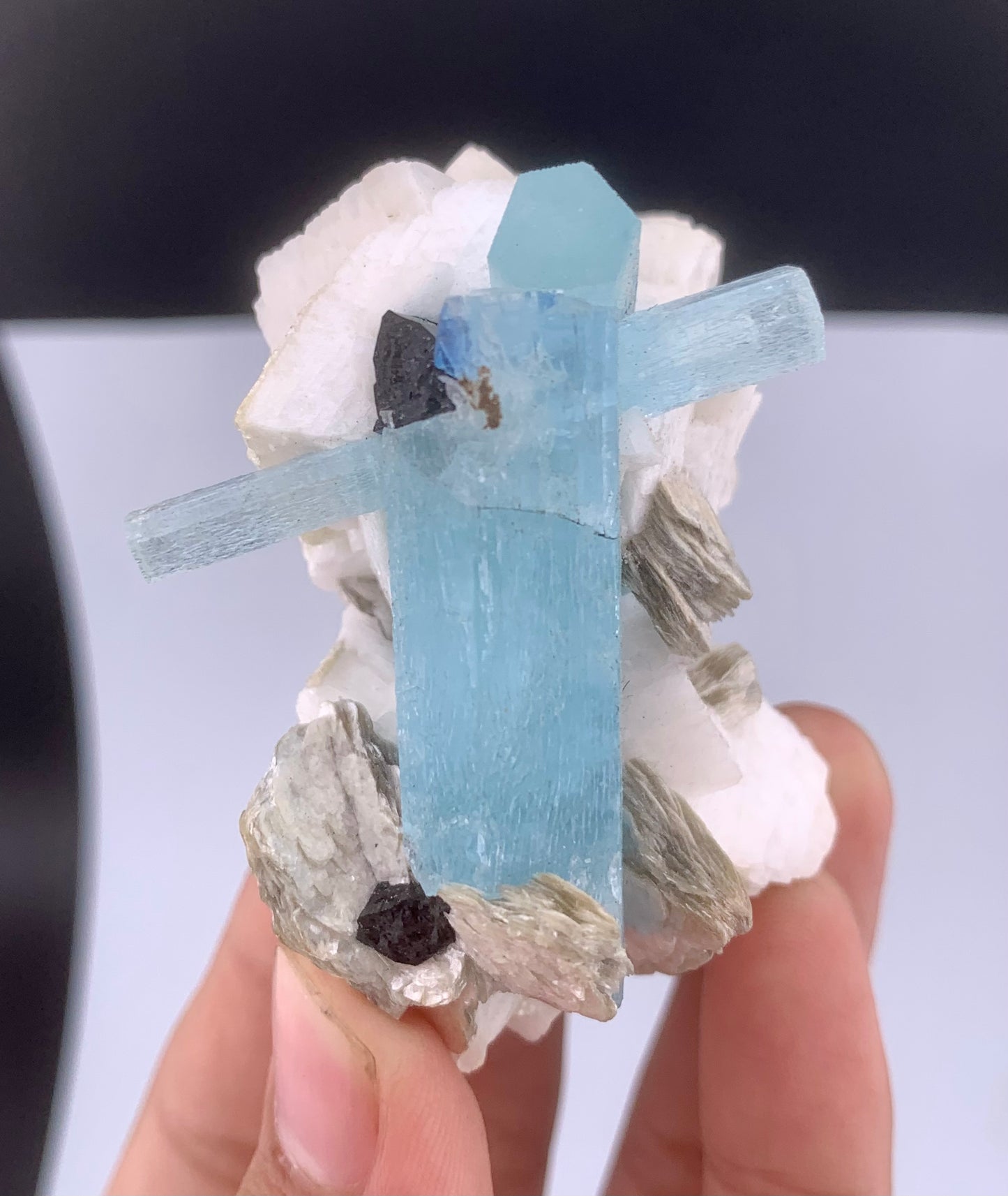 Blue Aquamarine Crystal With Schorl And Mica on Feldspar From Pakistan - 106 Grams