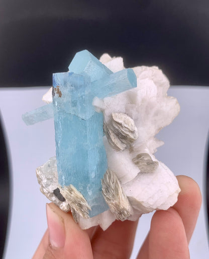 Blue Aquamarine Crystal With Schorl And Mica on Feldspar From Pakistan - 106 Grams