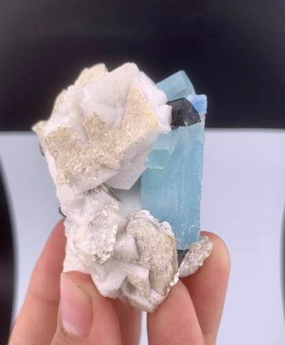Blue Aquamarine Crystal With Schorl And Mica on Feldspar From Pakistan - 106 Grams