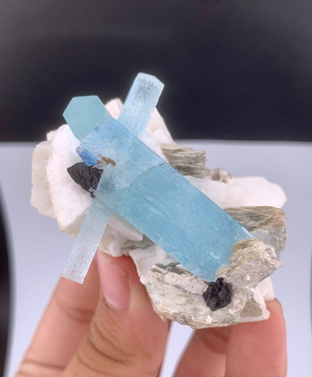 Blue Aquamarine Crystal With Schorl And Mica on Feldspar From Pakistan - 106 Grams
