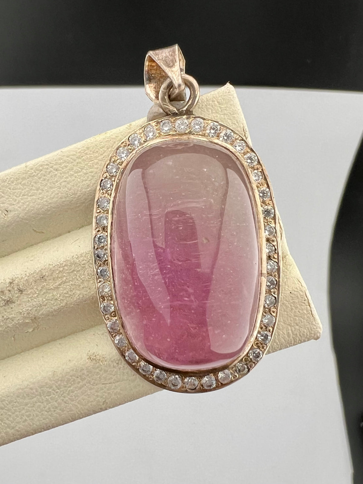 Natural Pink Kunzite Cabochon Pendant with White Zircon Halo, Oval Gemstone Jewelry, 16g
