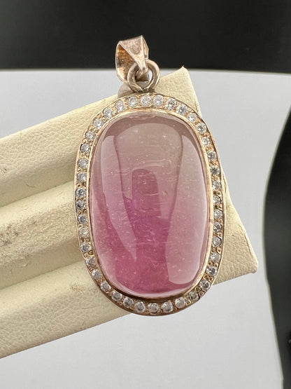 Natural Pink Kunzite Cabochon Pendant with White Zircon Halo, Oval Gemstone Jewelry, 16g