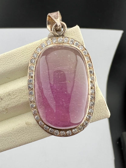 Natural Pink Kunzite Cabochon Pendant with White Zircon Halo, Oval Gemstone Jewelry, 16g