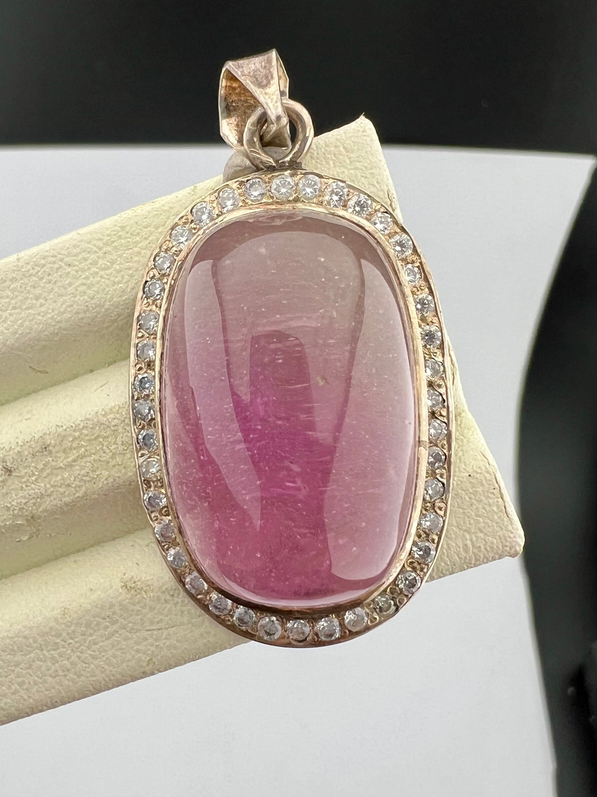 Natural Pink Kunzite Cabochon Pendant with White Zircon Halo, Oval Gemstone Jewelry, 16g