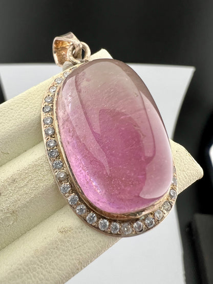 Natural Pink Kunzite Cabochon Pendant with White Zircon Halo, Oval Gemstone Jewelry, 16g
